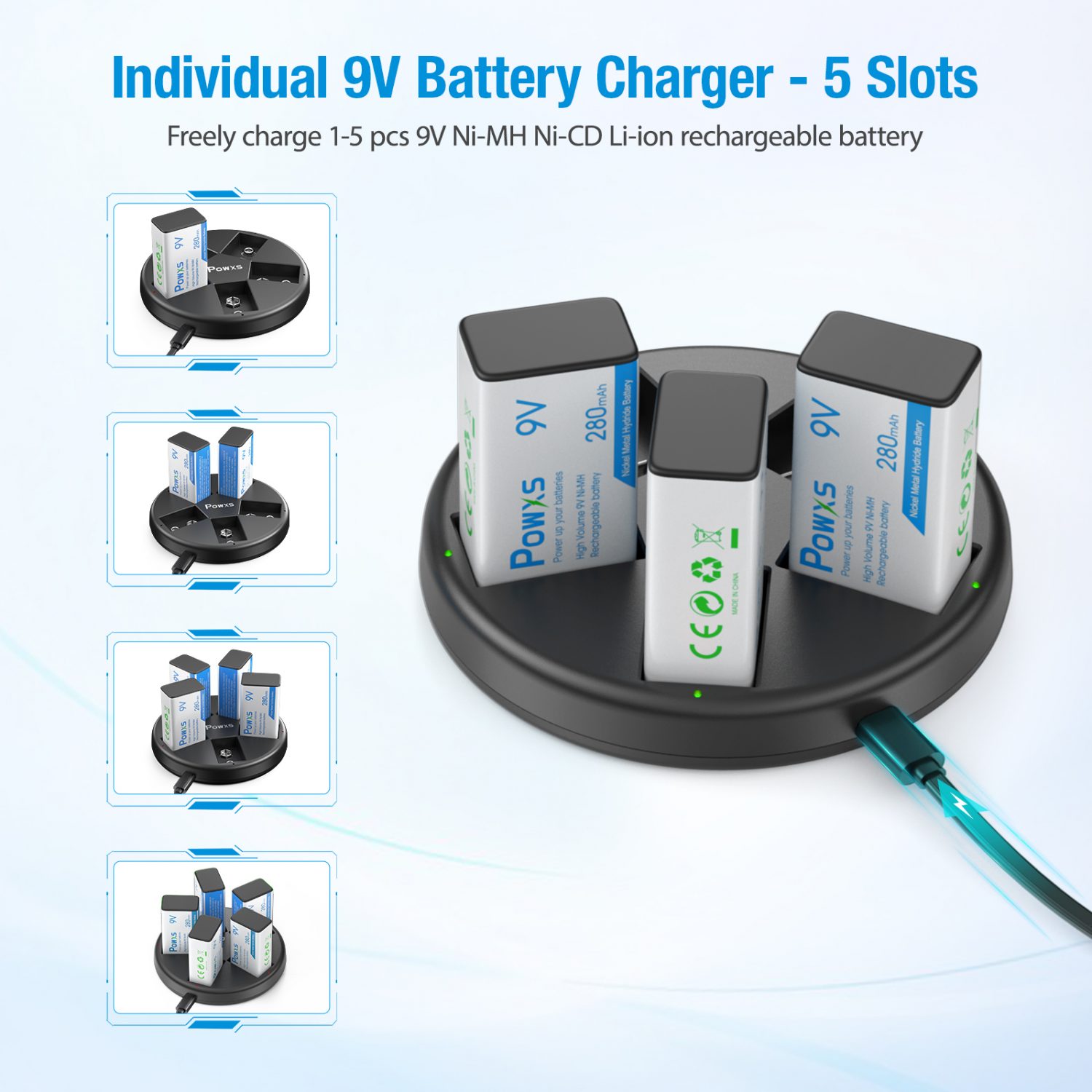 POWXS 9V Battery Charger and 5 Pack 280mAh NiMH 9 Volt Rechargeable