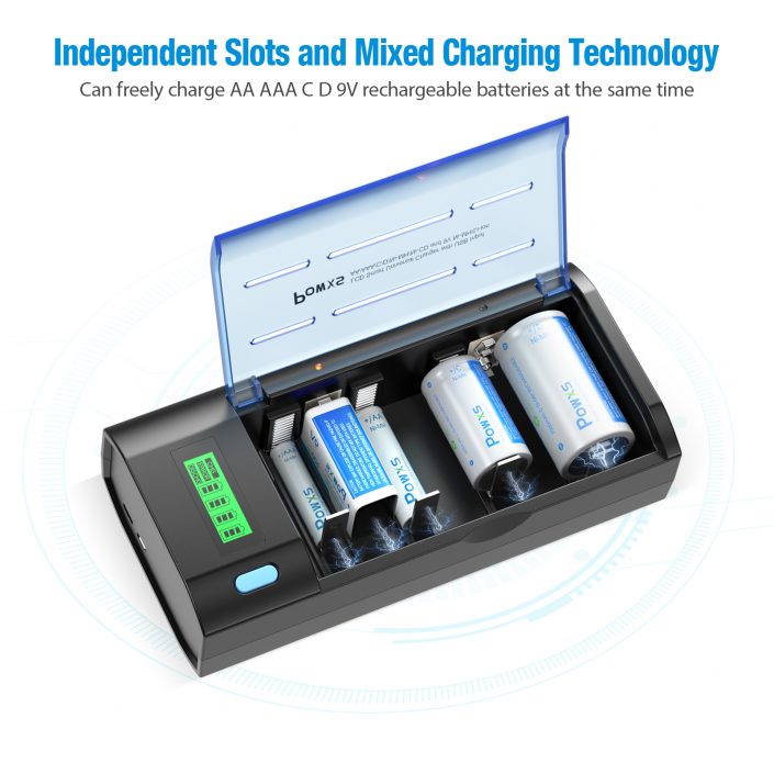 POWXS Universal LCD Rechargeable Battery Charger Discharger for 1.2V C D AA AAA 9V NiMH NiCD