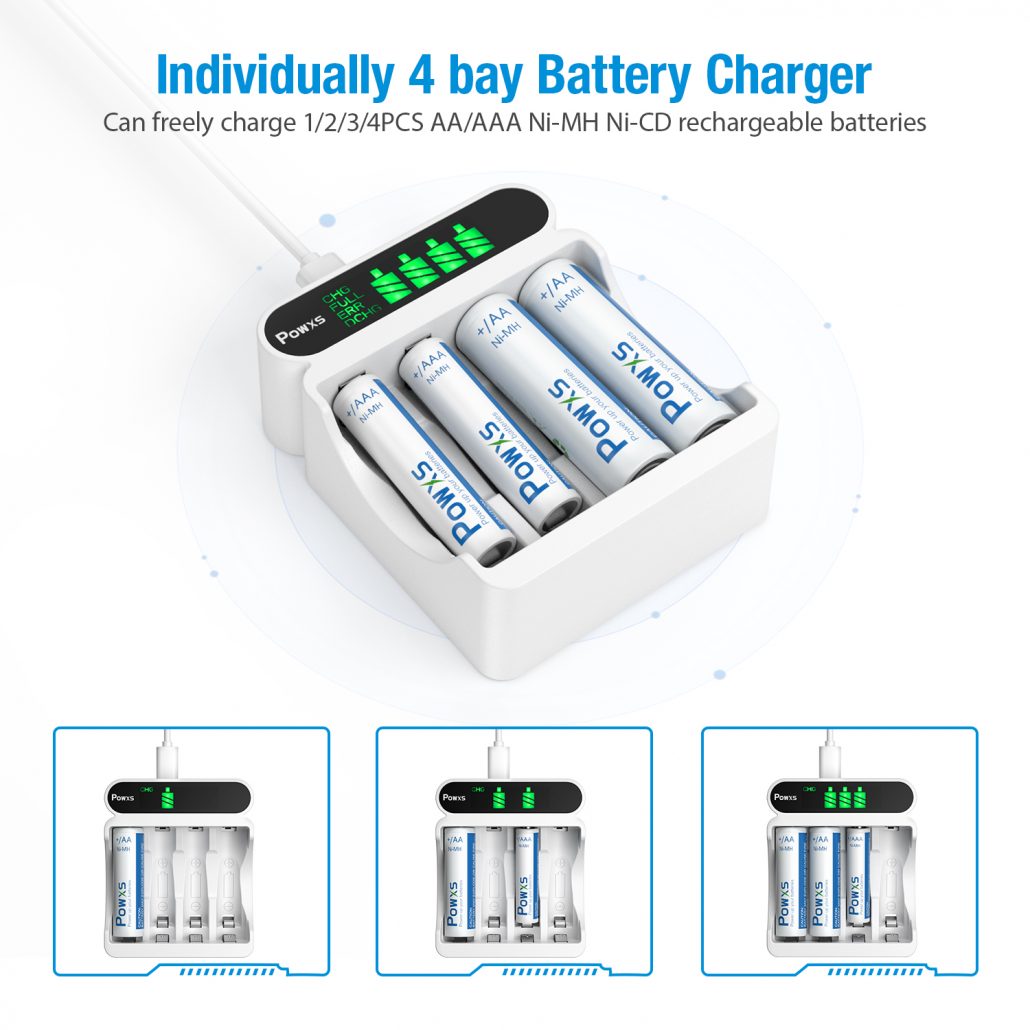 POWXS 4 Bay LCD AA AAA Battery Charger for NIMH NICD AA AAA